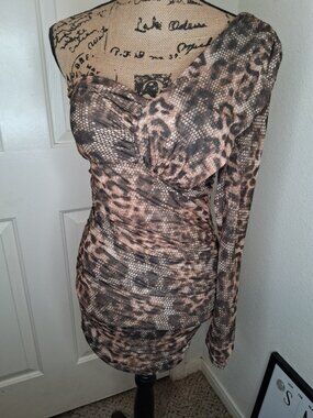 Sexy Leopard Print One-Shoulder Ruched Shimmer Bodycon Mini Dress